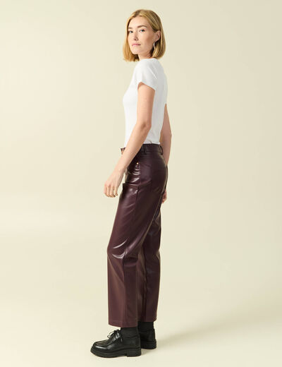 Pantalon taille haute similicuir prune femme