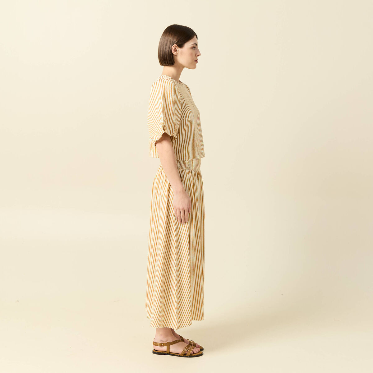Blouse droite courte manches coude beige moyen femme