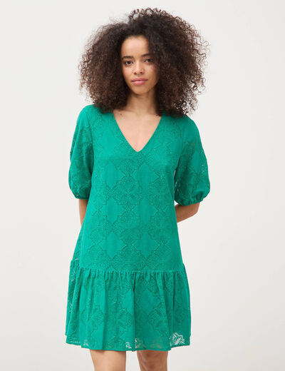 Robe dentelle col v manches coude vert femme