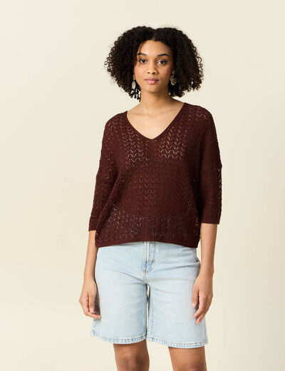 Pull manches 3/4 ajouré bordeaux femme