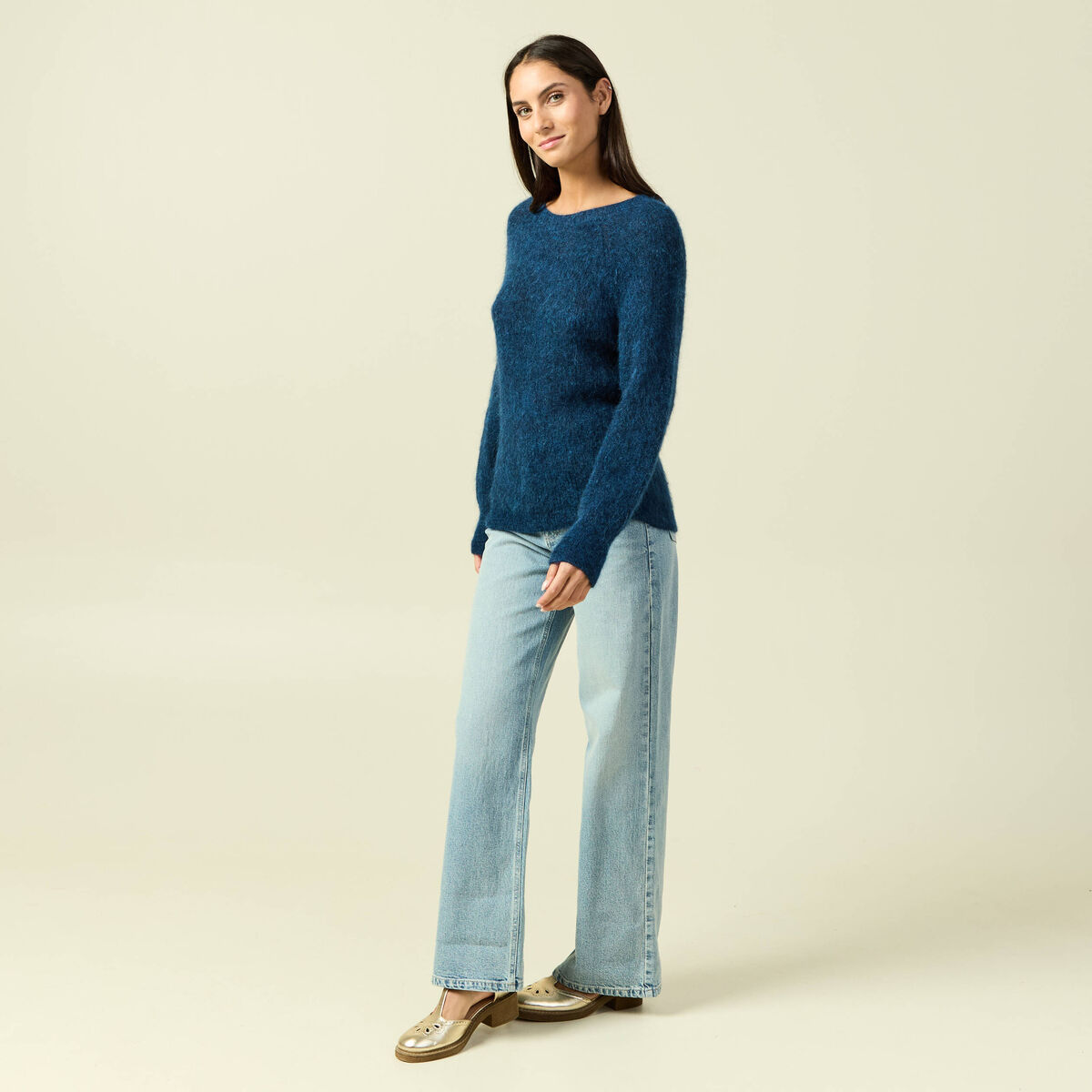 Pull manches longues col rond bleu canard femme