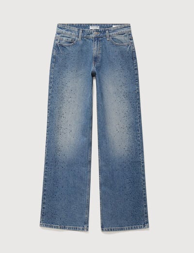 Jeans wide leg strass taille standard bleu femme