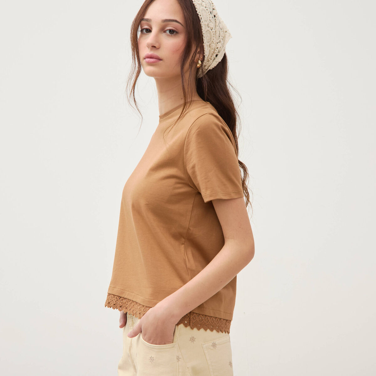 T-shirt droit col rond manches courtes marron femme