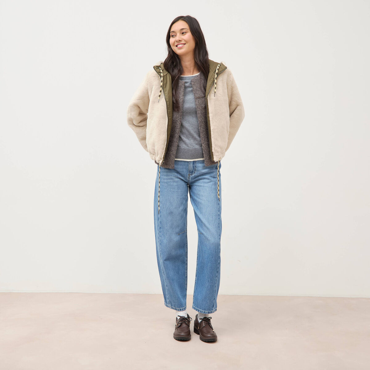 Pull droit col rond manches longues gris clair femme