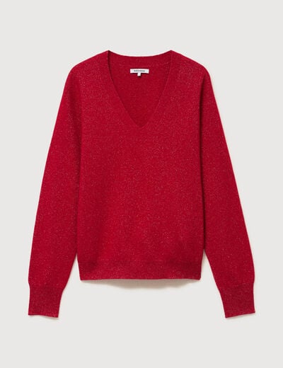 Pull droit col v manches longues rouge femme