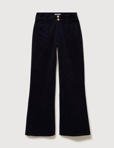 Pantalon flare taille haute en velours bleu fonc&eacute; femme