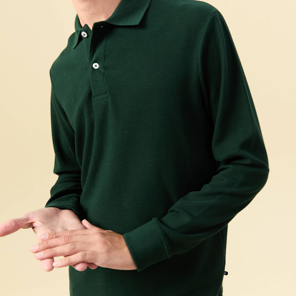 Polo manches longues en coton vert fonc&eacute; homme