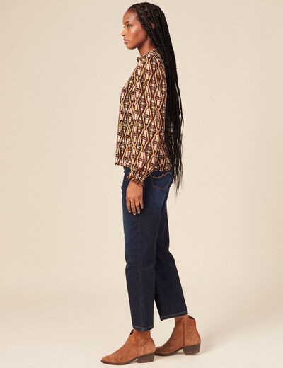 Blouse cintr&eacute;e manches longues col rond camel femme