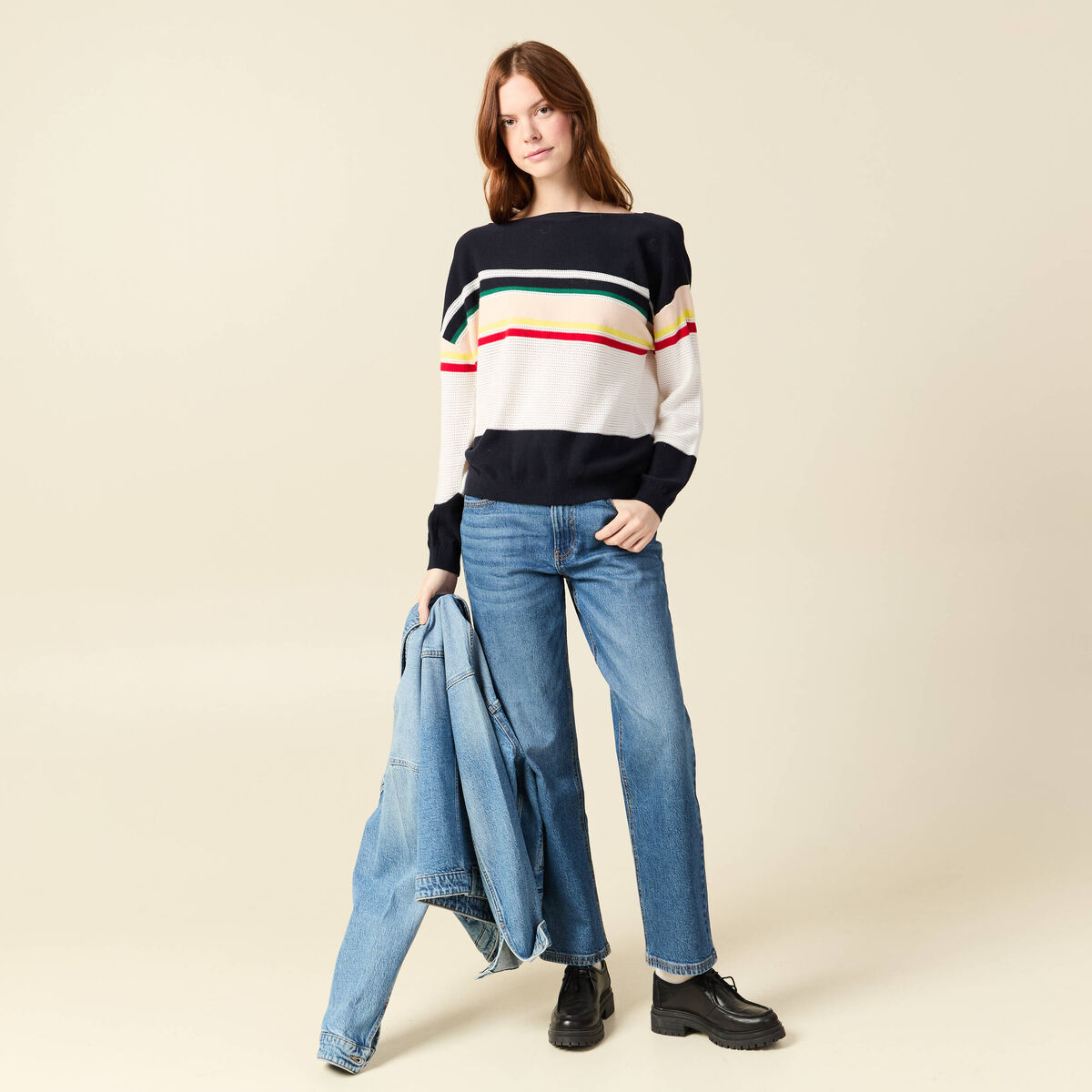 Pull col bateau manches longues en coton bleu marine femme