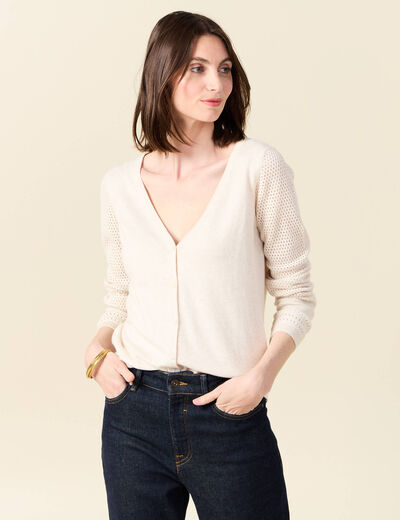 Gilet manches longues boutonn&eacute; creme femme
