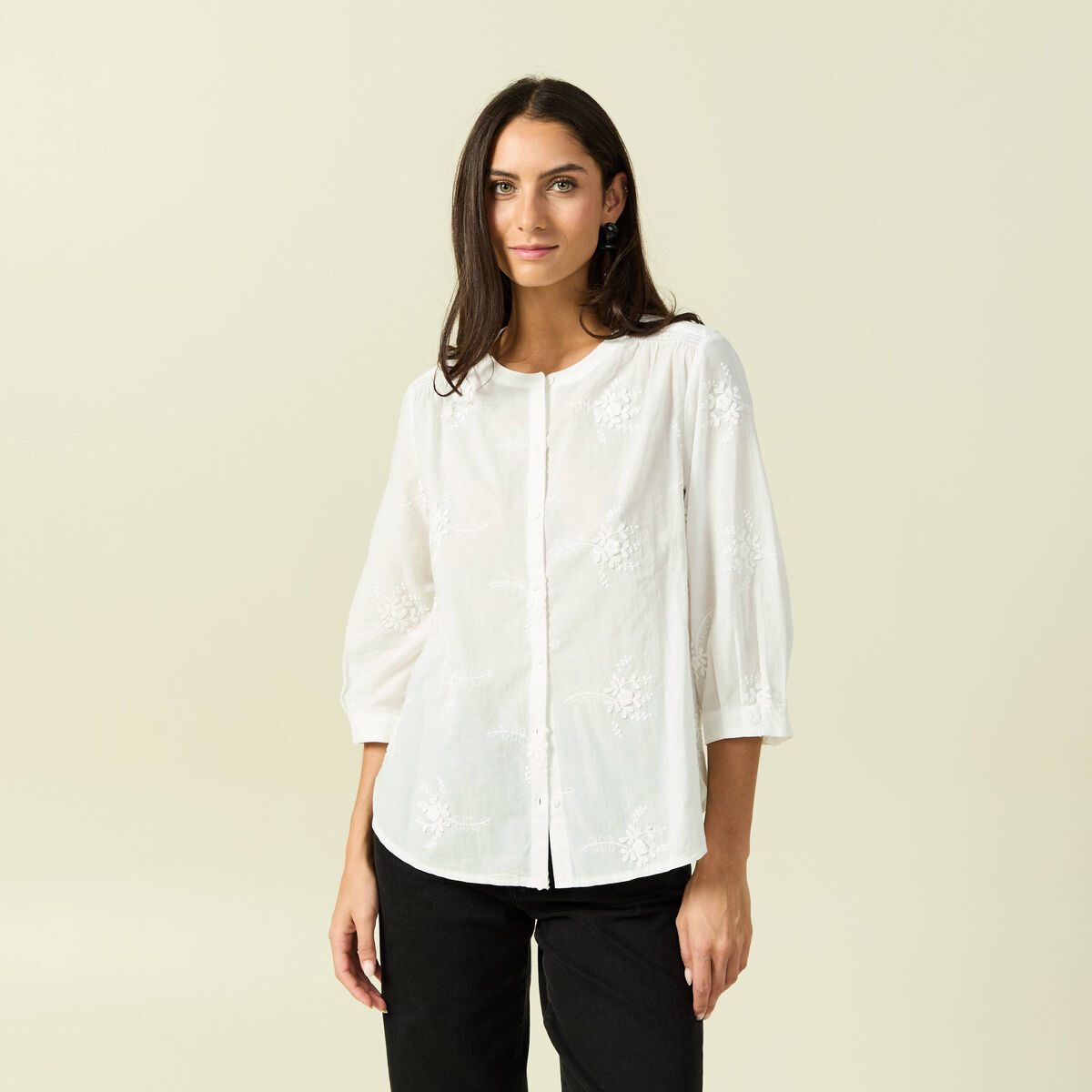 Chemise en coton manches 3/4 ecru femme
