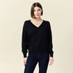 Pull fin col V manches longues bleu fonc&eacute; femme