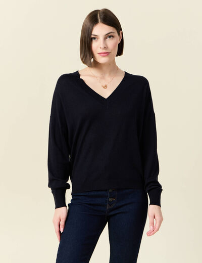 Pull fin col V manches longues bleu foncé femme