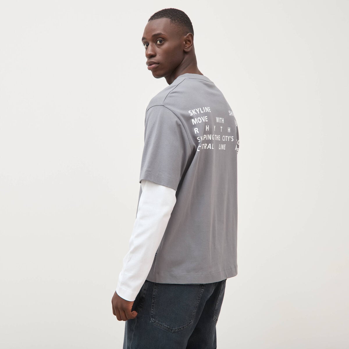 T-shirt droit manches longues col rond gris homme