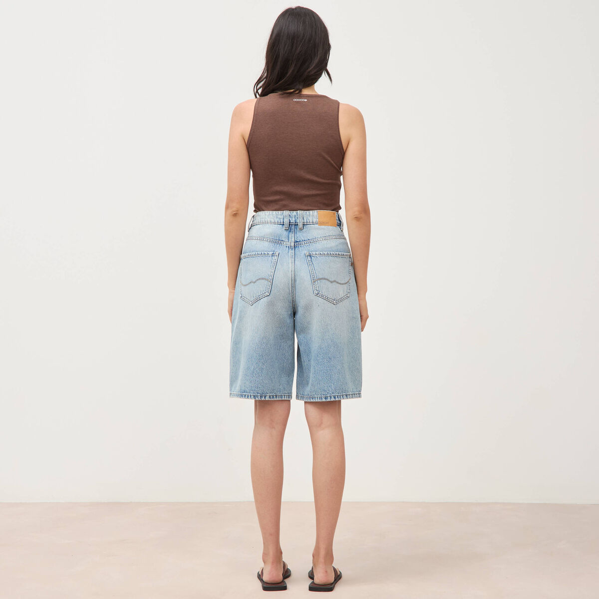 Bermuda large taille haute en coton denim used femme