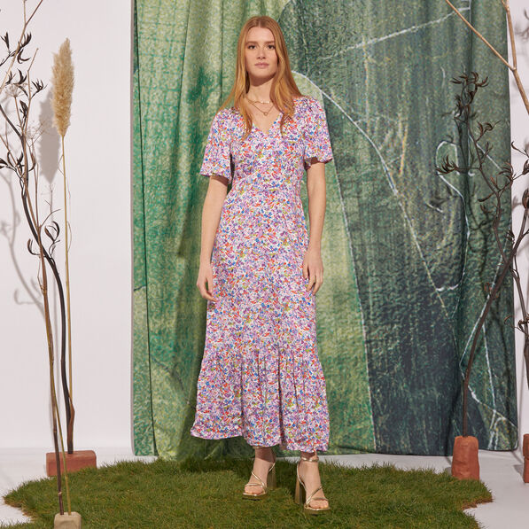 Robe longue évasée rose femme