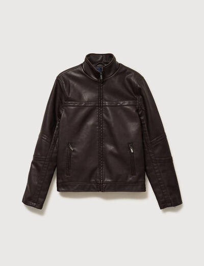 Blouson cintr&eacute; similicuir col montant marron fonc&eacute; homme