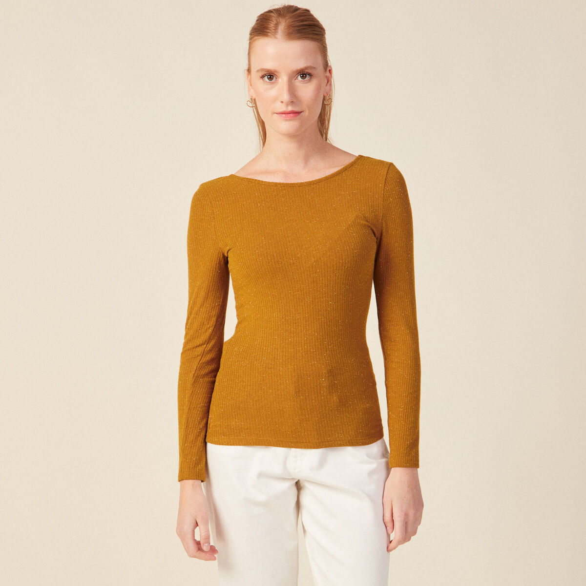T-shirt manches longues brillant marron cognac femme