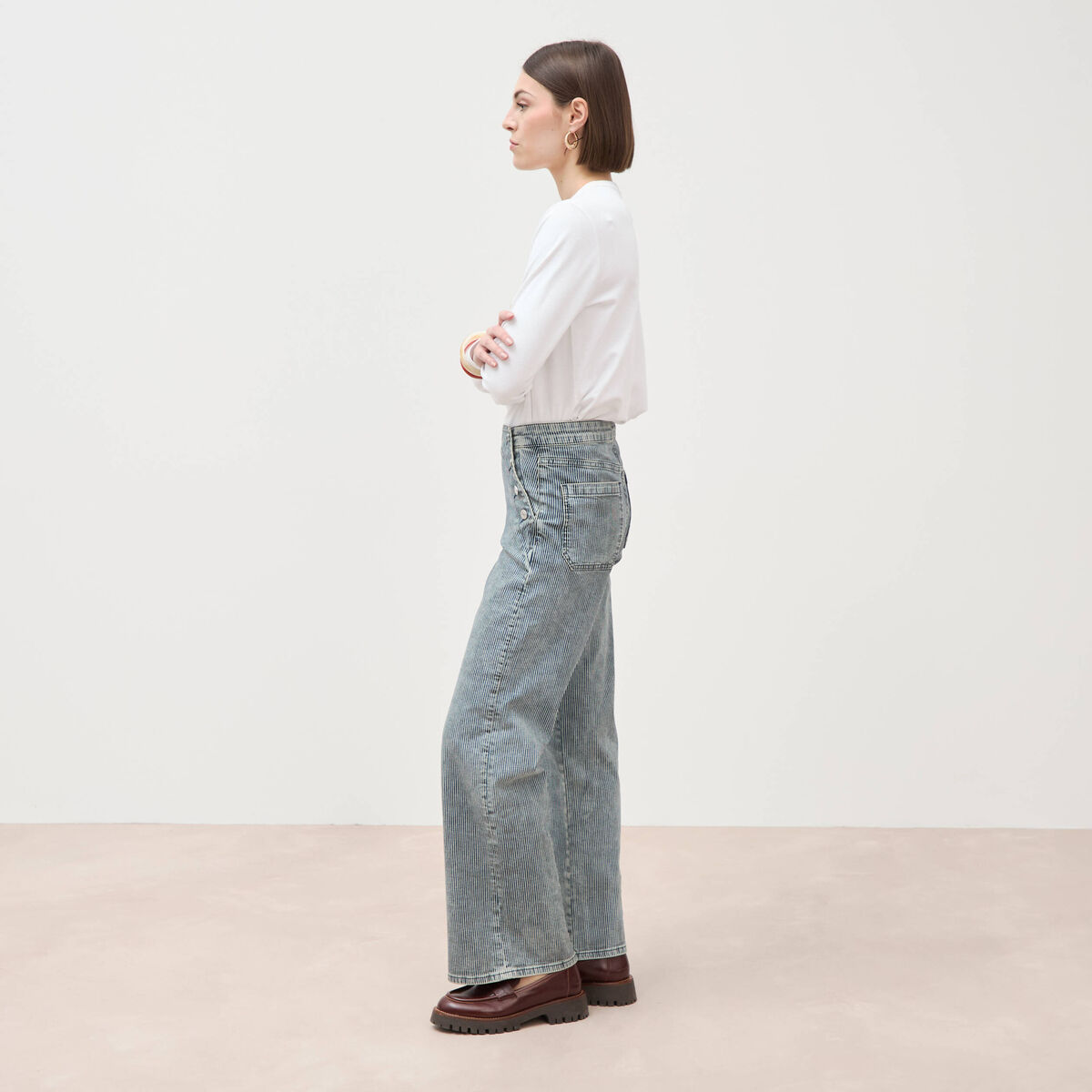 Pantalon large &agrave; pont taille haute denim used femme