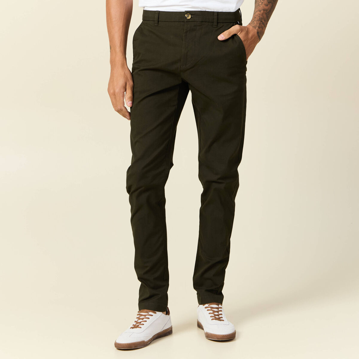 Pantalon chino longueur 32 vert kaki homme