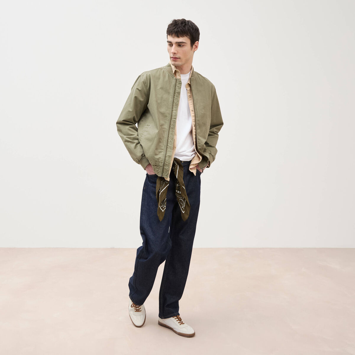 Blouson manches longues doubl&eacute; en coton vert kaki homme