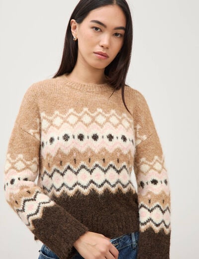 Pull droit col rond manches longues marron femme
