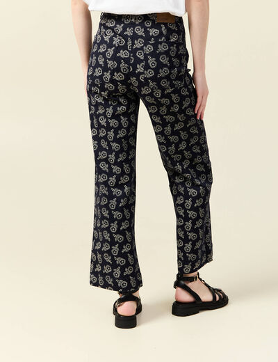 Pantalon large cropped taille haute bleu marine femme