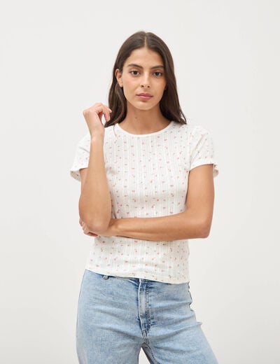 T-shirt ajust&eacute; col rond manches courtes ivoire femme