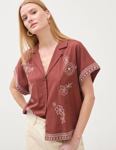 Chemise ample manches courtes marron cognac femme