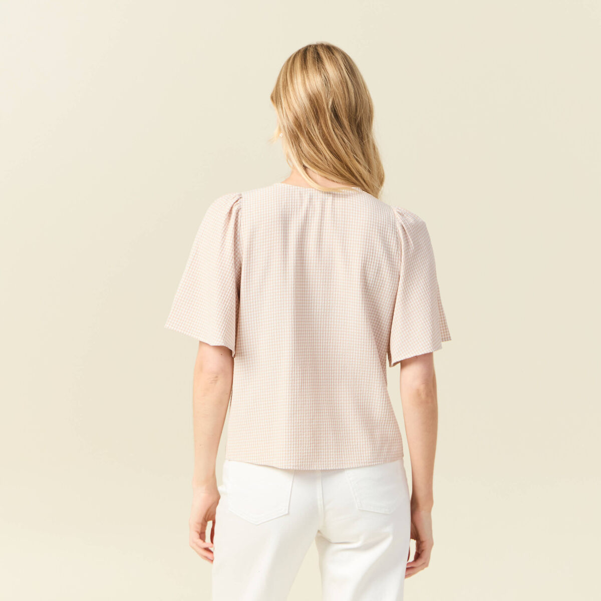 Blouse manches courtes nouée marron clair femme