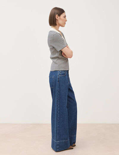 Polo ray&eacute; en coton manches courtes ecru femme