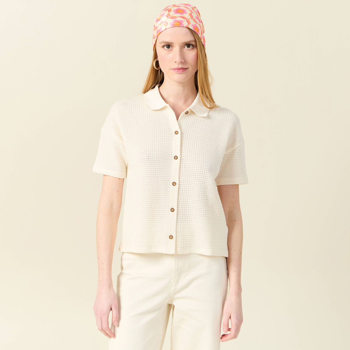 Polo manches courtes creme femme