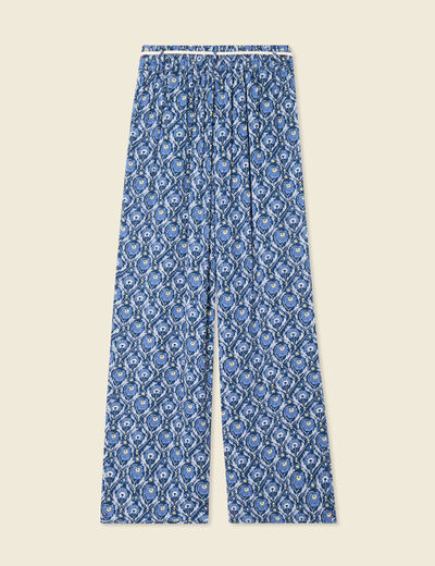 Pantalon large ceinturé bleu femme