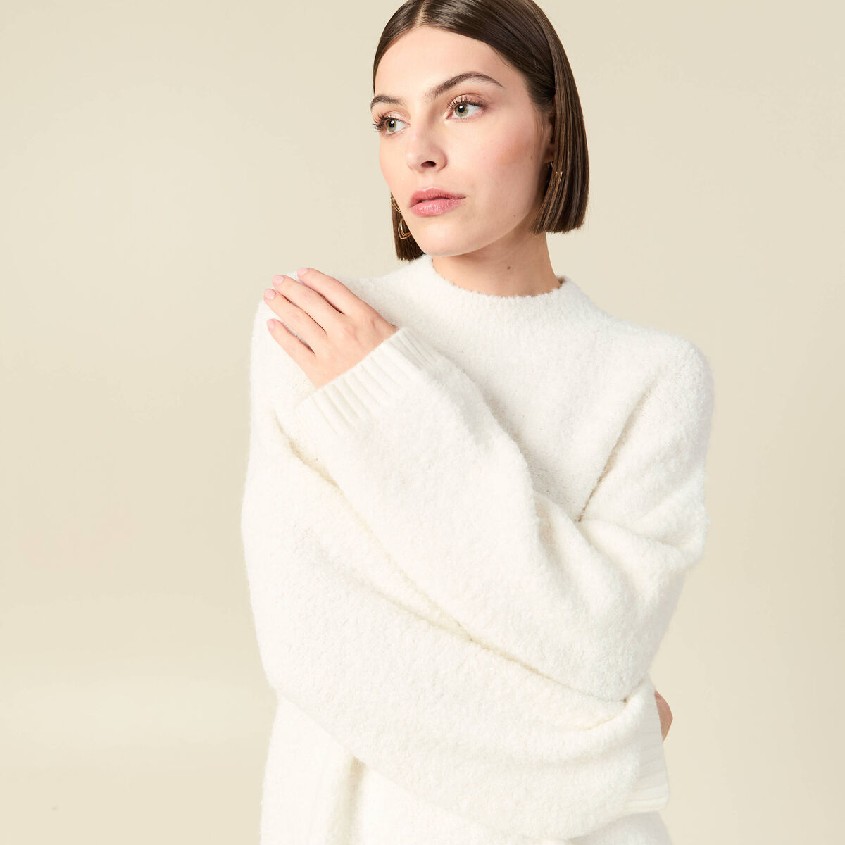 Pull manches longues col montant ivoire femme
