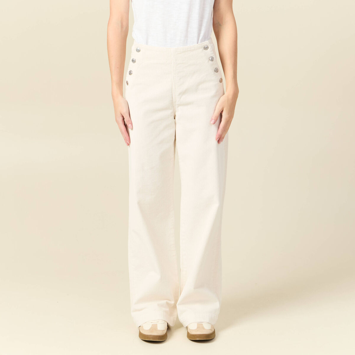Pantalon large taille haute en velours ivoire femme