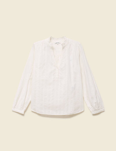 Blouse col mao manches longues en coton ecru femme
