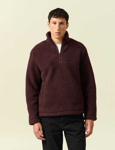 Sweat effet polaire col montant bordeaux homme