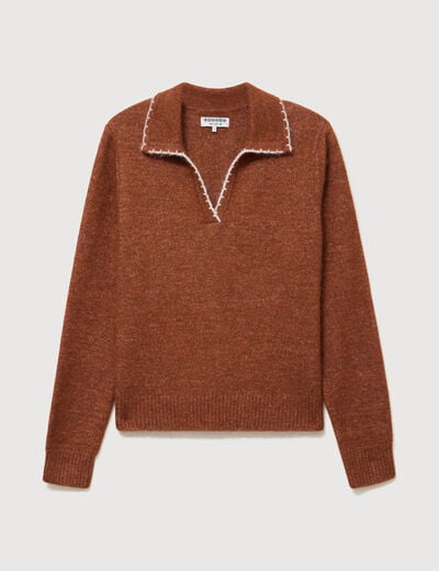 Pull droit col polo manches longues marron cognac femme