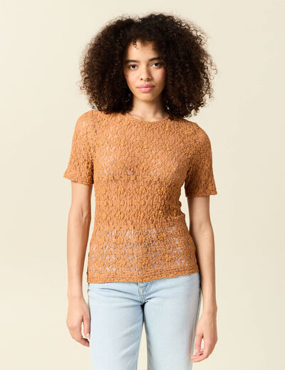 T-shirt cintr&eacute; col rond dentelle terracotta femme