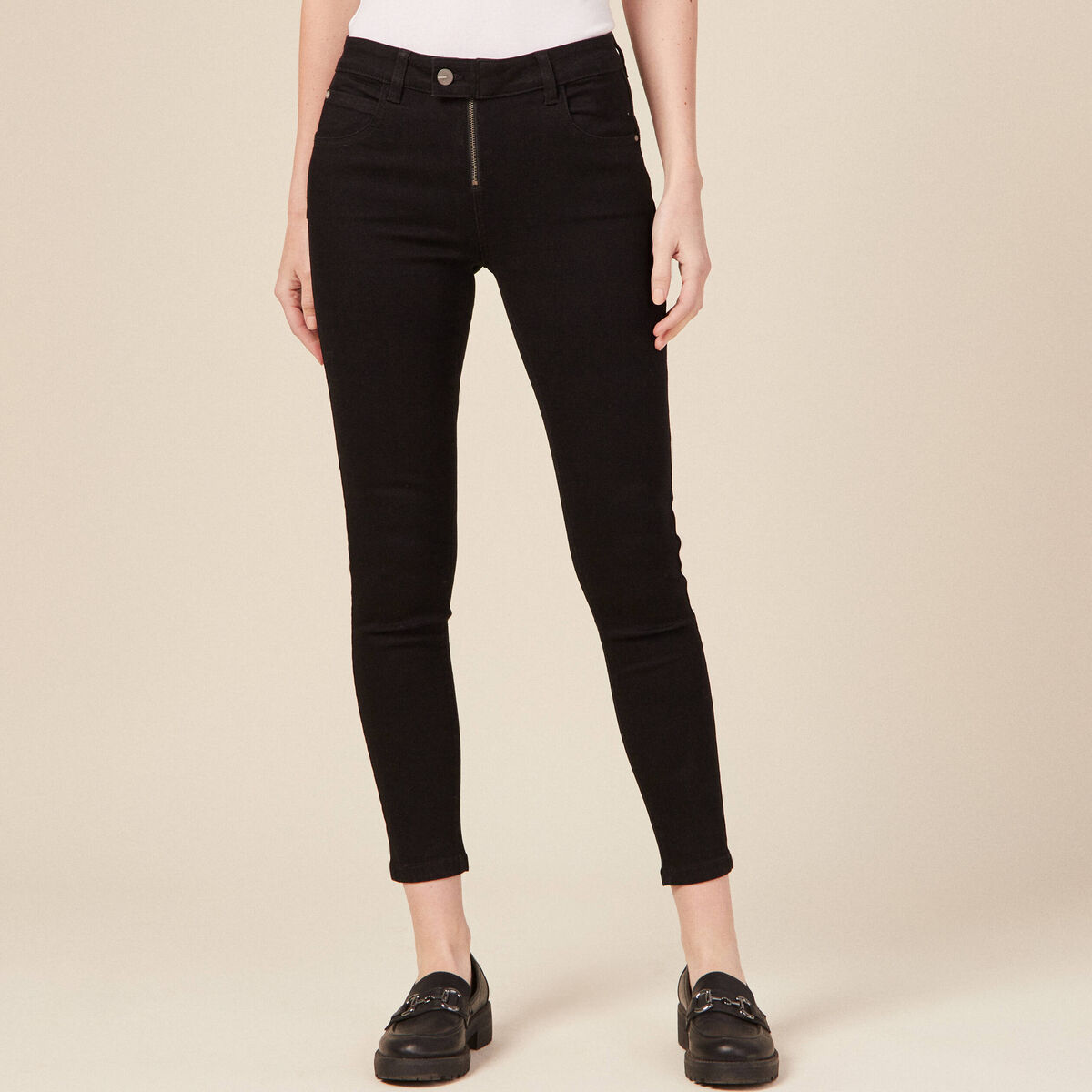 Jeans skinny zippé denim noir femme