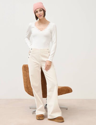 Pantalon large taille haute en velours ivoire femme
