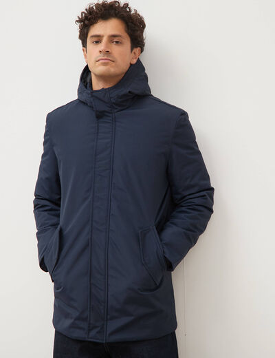 Parka longue droite &agrave; capuche bleu marine homme