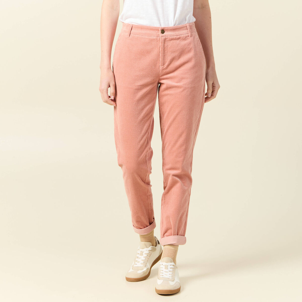 Pantalon chino velours côtelé rouge clair femme
