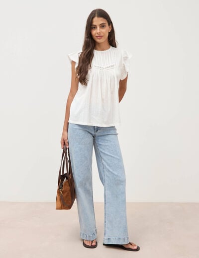 Top col rond manches courtes en coton ecru femme