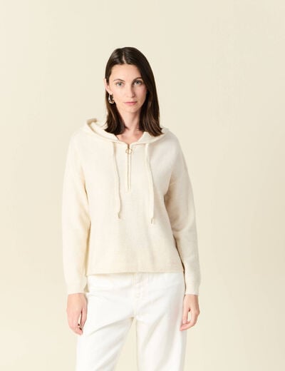 Pull &agrave; capuche zipp&eacute; creme femme