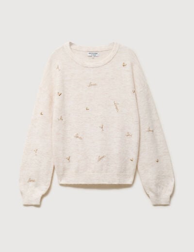 Pull droit brod&eacute; manches longues creme femme
