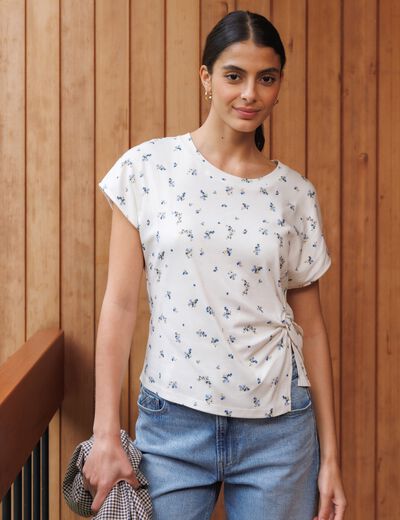 T-shirt ajust&eacute; col rond manches courtes ivoire femme