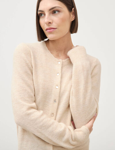 Gilet droit col rond manches longues creme femme