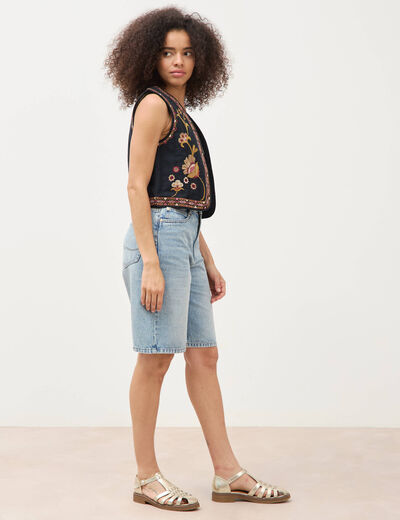 Gilet droit court sans manches doubl&eacute; noir femme