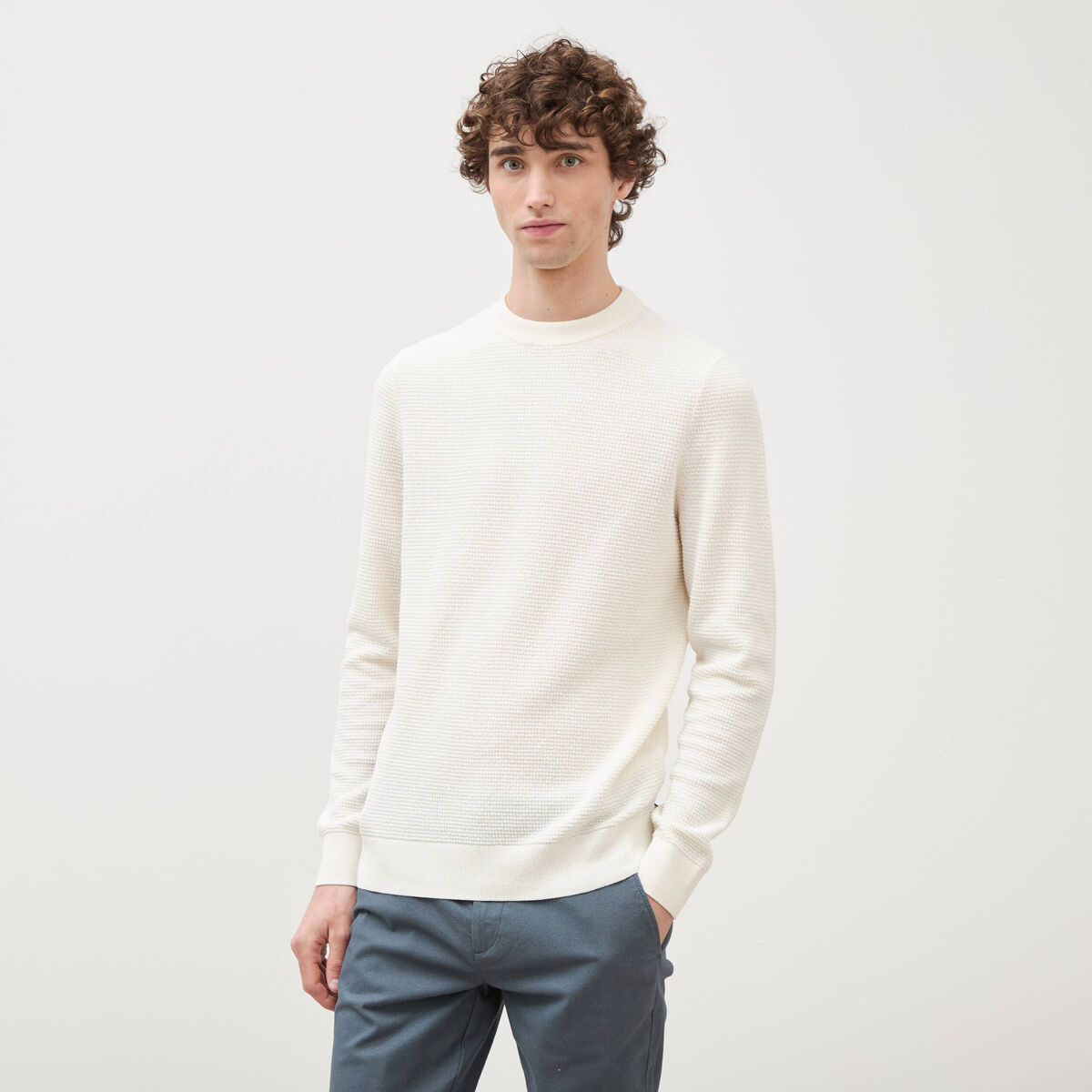Pull col rond ecru homme